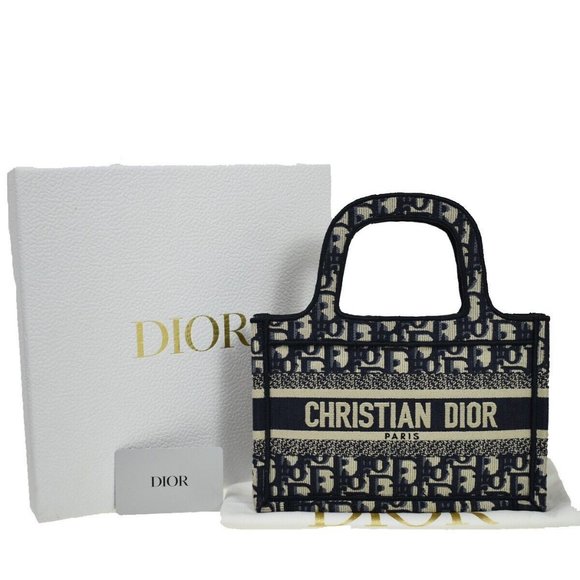 Authentic CHRISTIAN DIOR Logo OBLIQUE Mini Hand Bag Canvas Navy Blue Italy - Picture 1 of 16